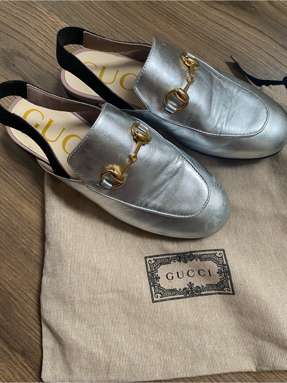 Gucci Metallic Silver Horsebit Slingback Loafers
